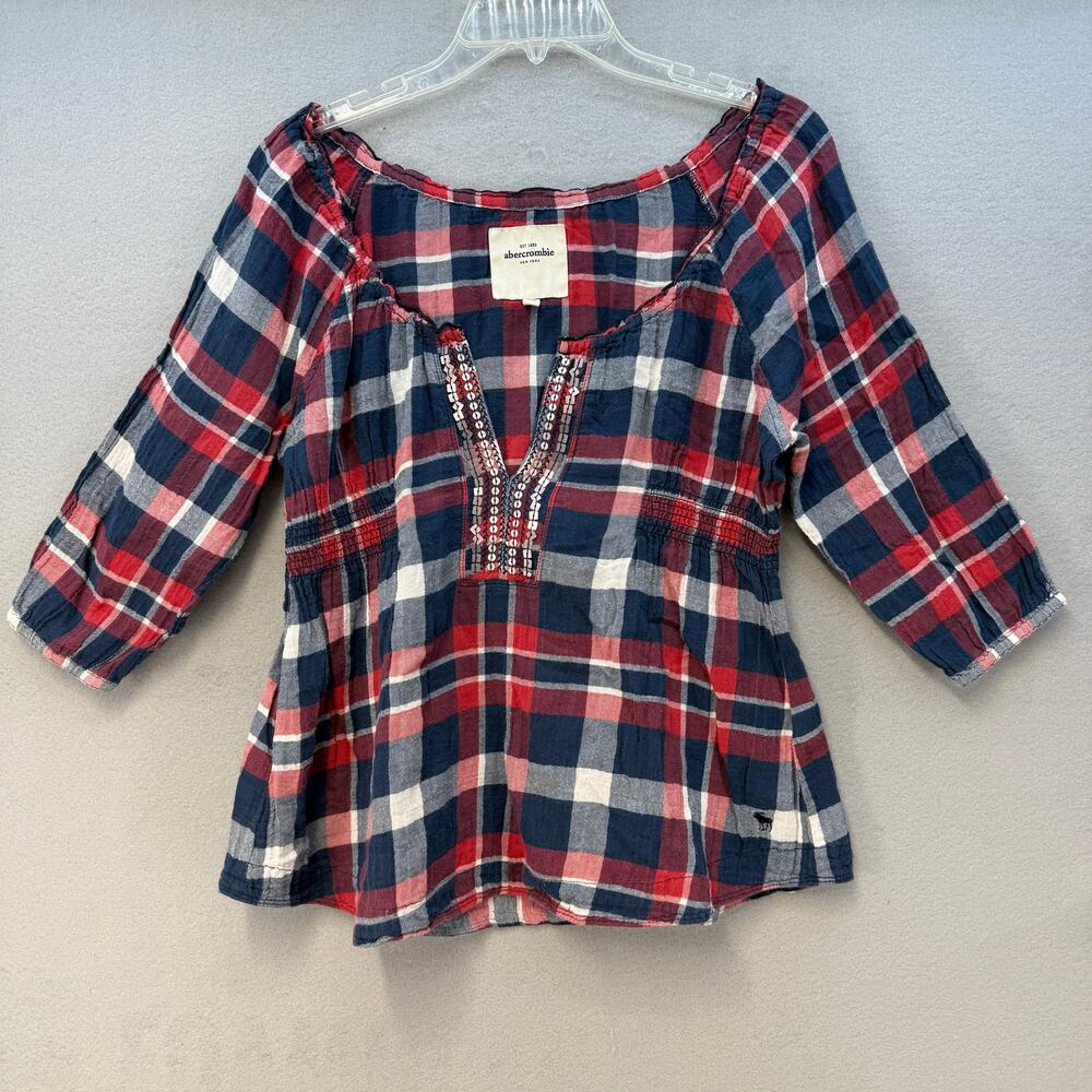 Abercrombie New York Tunic Women's XL Red Blue White Plaid 3/4 Sleeve Y2K - Picture 1 of 9